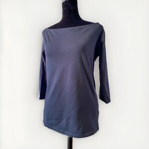 Y2K Navy Blue Off-Shoulder Fitted Boatneck 3/4 Sleeve Retro Tunic Vintage Top